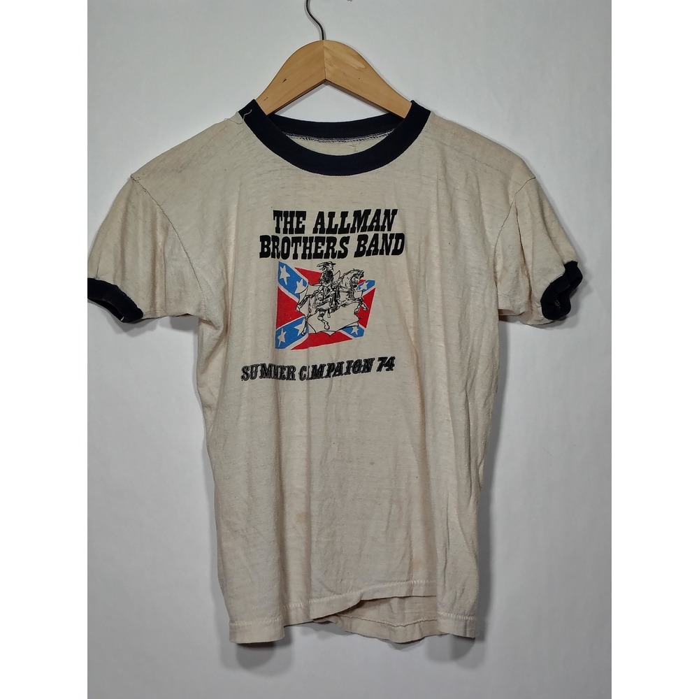Rare Vintage Allman Brothers Band Summer Campaign 74 Ringer T-Shirt Cream Navy S